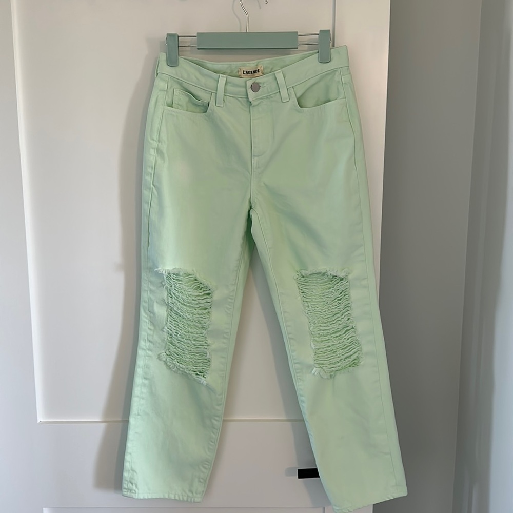 L'Agence Enya Distressed High-Rise Cropped Jeans Mint Green Size 25